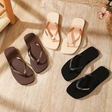Summer Casual Square Toe Flip Flops, Fashionable English Buckle Design, Suitable For Beach, Vacation, Daily Wear, Valentine's Day, Girlfriend Getaway. Beach Sandals., Boho Chic - Chocolate Brown - View 6