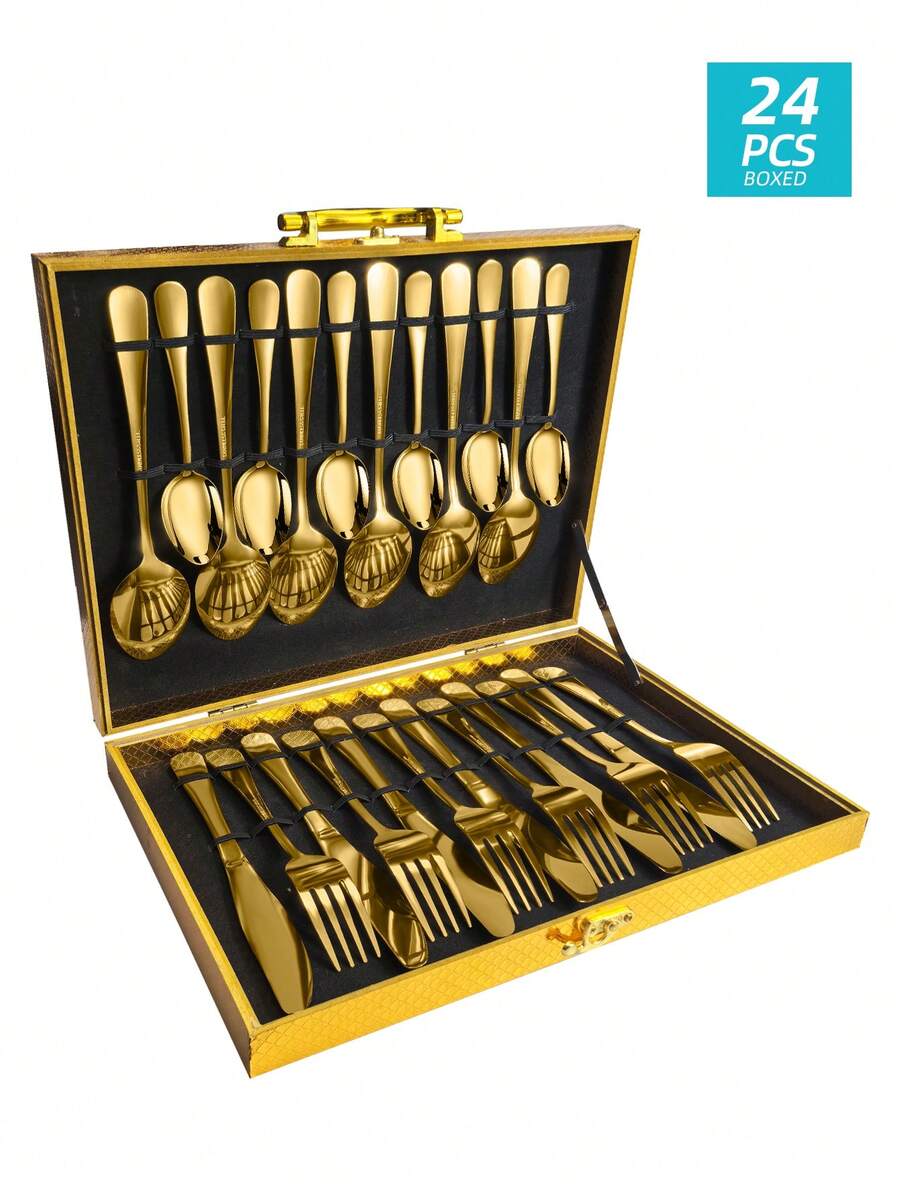 12/16/24pcs Stainless Steel Cutlery Set With Storage Box Gift Box, Suitable For Home Kitchen Wedding Party Cooking Christmas Gift - - - View 1