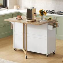 Large Mobile Kitchen Table L137*W43(76)*H92cm, Oak Top, Foldable, Multifunctional Furniture, 3 Drawers, Towel Rack, Ideal For The Kitchen, Dining Room, Home - White - View 4