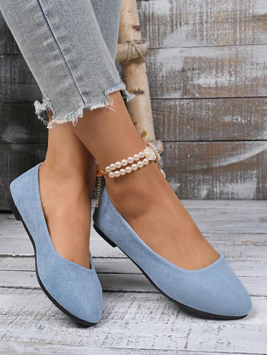 Women's Suede Flat Shoes, Solid Color Pointed Toe Low Heel Slip-On Boat Shoes, Candy Color Round Toe Cloth Shoes, Versatile Flat Loafers