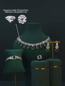 5pcs White Gold Plated Luxury Royal Style Water Drop Tassel Design Bridal Wedding Jewelry Set, Handset Green Cubic Zirconia, Including Necklace, Bracelet, Earrings, Ring, Suitable For Daily Wear And Wedding, Wedding Anniversary Gift (Deluxe Gift Box Packaging) Complimentary - Waterdrop Green Diamond Set - View 4