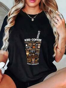 Camiseta Gráfica But First Coffee para Mujer - Diseños de Café Helado, Latte y Mocha en Suave y Cómoda - Esencial para Amantes del Café - Accesorio Lavable a Máquina para CafeteríasSuitable for spring, summer and autumnmaija - Negro - Ver 1