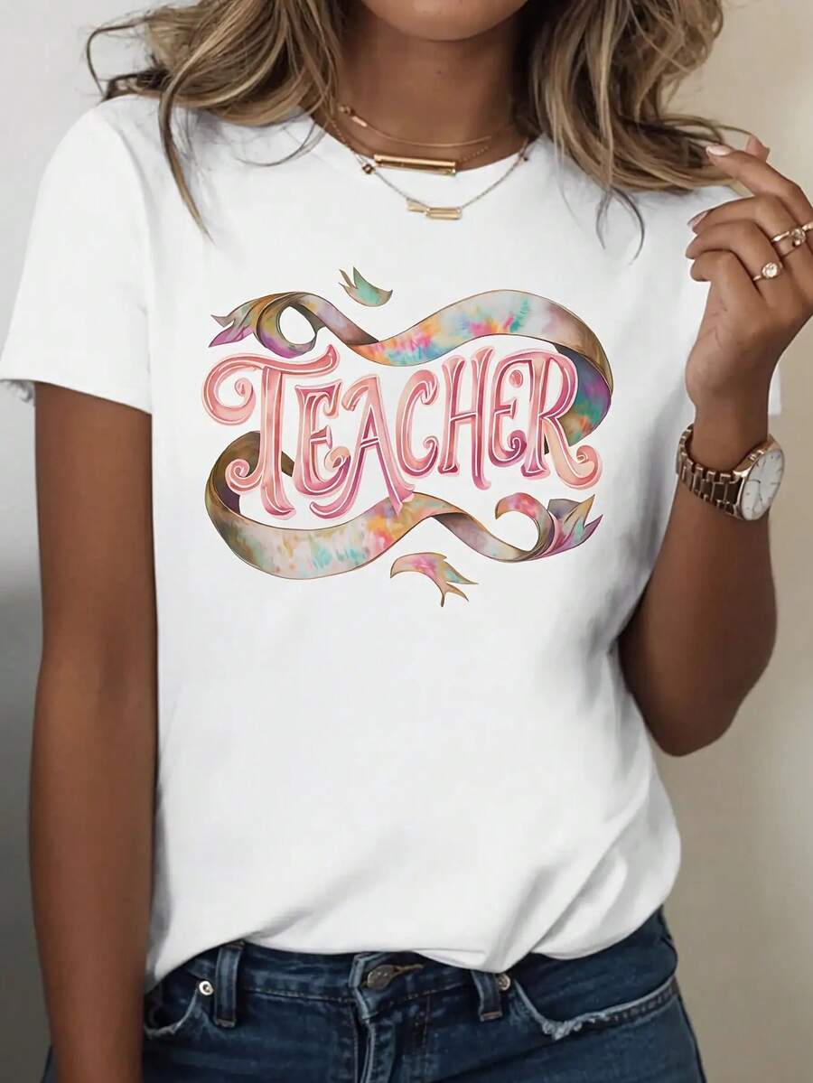 Camiseta Casual Cómoda de Manga Corta y Cuello Redondo para Mujer - Estampado colorido de mariposas en espiral con temática de maestras, tela ligera y transpirable, lavable a máquina, imprescindible para primavera y verano. - Blanco - Ver 1