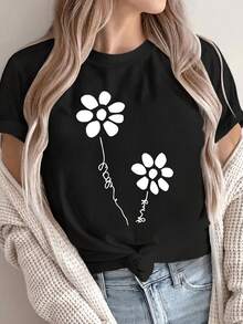 Camiseta de manga corta para mujer con estampado floral para verano, hecha de tela cómoda y transpirable, perfecta para un estilo casual, para primavera y verano - Negro - Ver 7