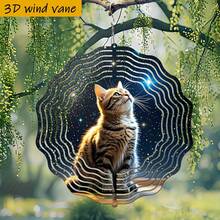 1个3D立体猫咪仰望星空金属风铃 - 10英寸圆形耐用铁质悬挂装饰，带360°旋转挂钩，适合室内/室外、圣诞节、婚礼、猫咪爱好者礼物（无需电池/电源），舒缓的音效，（不含吊坠），款式随机 - 多色 - 查看 5