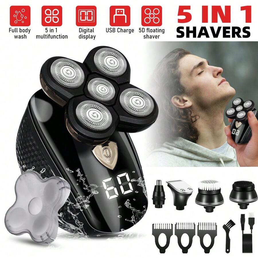 Electric Razor, 5 In 1 Electric Razor For Men, 5D Floating Head Bald Head Shaver, IPX7 Waterproof Whole Body Washable, LED Digital Display, USB Rechargeable, 60 Mins Runtime, Nose Trimmer & Facial Brush Set For Face Head Neck - Black - View 1
