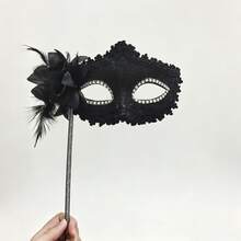 1pc Women's Multi-Color Rhinestone & Ostrich Feather Half Face Mysterious Sexy Masquerade Feather Hand Held Mask With Handle, Suitable For Various Festivals, Parties, Galas, Performances - Multicolor - View 13