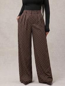 Pantalones anchos de pierna ancha de color café oscuro de moda minimalista para mujeres, pantalones de oficina de pierna ancha de color marrón para mujeres con cintura alta, pantalones de traje marrón para otoño/invierno - Café integral 3 - Ver 6