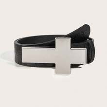 1pc Vintage Alloy Buckle Printed PU Leather Belt, Suitable For Western Cowgirl Style - Black - View 6
