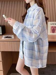 女士格子长袖轻薄宽松休闲防晒衬衫，夏季款 - 藍色 - 查看 2