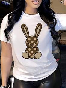 Camiseta de algodón puro con un lindo estampado de conejito rosa - suave y adecuada para el uso diario, con ojos marrones decorativos, lavable a máquina, corte regular, ideal para Pascua, Día de San Valentín, fiestas, vacaciones - camiseta ligera e informal, atuendo para fiestas, estampado divertido, fácil de cuidar, top elegante. - Blanco - Ver 1