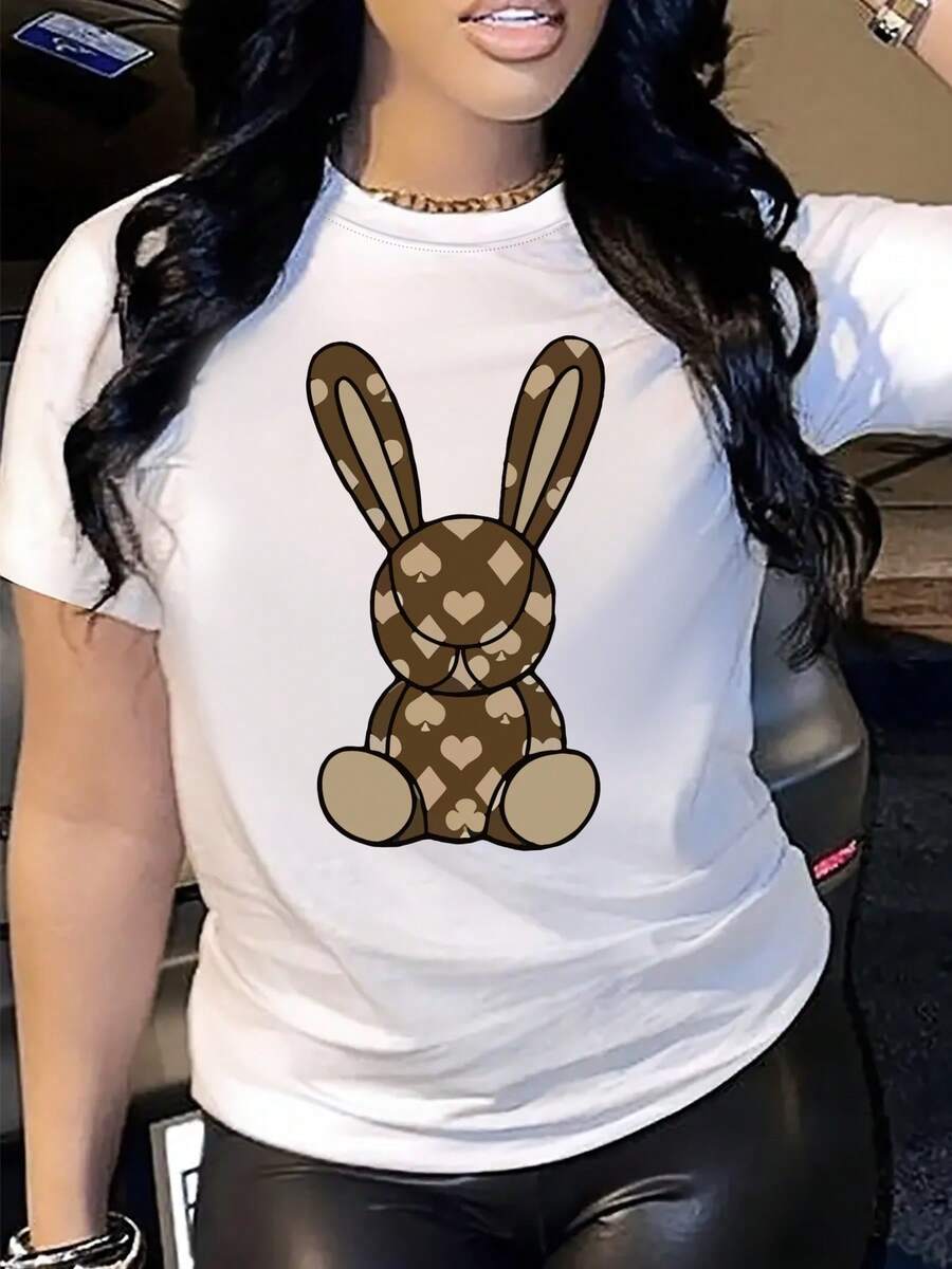 Camiseta de algodón puro con un lindo estampado de conejito rosa - suave y adecuada para el uso diario, con ojos marrones decorativos, lavable a máquina, corte regular, ideal para Pascua, Día de San Valentín, fiestas, vacaciones - camiseta ligera e informal, atuendo para fiestas, estampado divertido, fácil de cuidar, top elegante. - Blanco - Ver 1