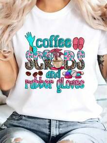 Camiseta de Mujer con Estampado de Exfoliantes de Café y Guantes de Goma, Temática de la Semana de la Enfermera, Camiseta de Algodón de Manga Corta con Cuello Redondo, Top Casual para Verano y Primavera, Ropa de Mujer, Ropa de Verano - Blanco - Ver 7