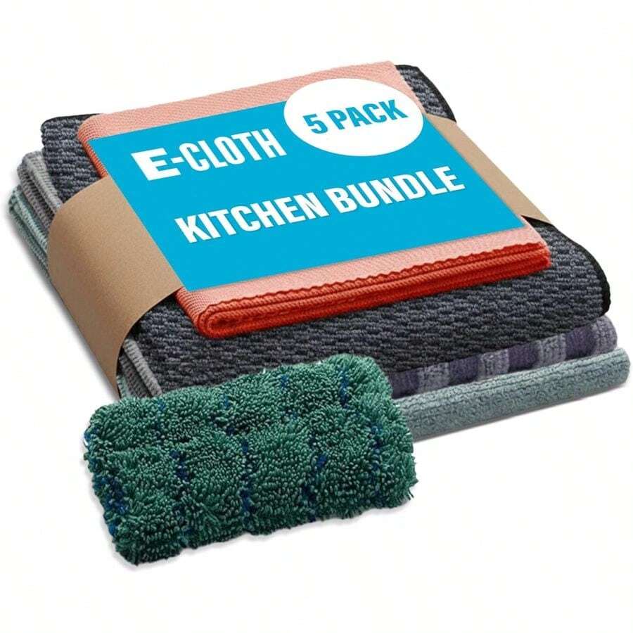 E-Cloth 5-Pc Kitchen Bundle, Microfiber Cleaning Cloths Set With Dish Scrubber, Spotless Cleaner Granite, Marble, Kitchen, Sink, Dish And Stainless Steel Pot And Pans, Wash Promise - Nhiều màu sắc khác nhau + Phiên bản cao cấp - Xem 1
