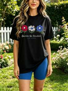 Soft 100% Cotton T-Shirt. Black T-Shirt With "America The Beautiful Flower" Design And Text, Perfect For Outdoor Activities. Breathable Cotton T-Shirt, Goes With Everything. Great. - 黑色 - 查看 3