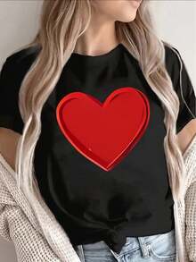 Soft 100%CottonSoft 100%CottonT-Shirt Short Sleeve T-Shirt With Red Heart Design, Lightweight And Durable, Perfect For Casual Wear In Home, Cafe, Or Outdoor Settings, Comfortable Fit For Daily UseBreathable Cotton Tee, All Matchcoolcool - 黑色 - 查看 8