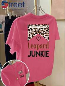 Women's Vintage Double-Sided Print T-Shirt, Casual Summer Style With Round Neck And Short Sleeves, Fashionable Printed T-Shirt, With Leopard Print "Leopard" With Hearts And Letters, Loose And Slimming Cut, Sweet And Fresh Outfit For Fashionable Girls. - 杏色 - 查看 9