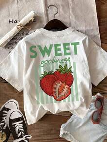 Camiseta de manga corta con cuello redondo para mujer, con estampado gráfico de fresas y rayas, estilo veraniego fresco e informal, LIN-Vintage Street Style, camiseta unisex de algodón - Blanco - Ver 1