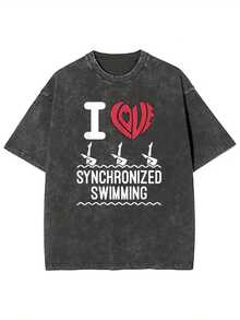 Camiseta de hombre "I Love Synchronized Swimming" - Camiseta vintage lavada con diseño de natación sincronizada, motivos de corazón y acuáticos, cuello redondo informal, adecuada para nadadores de competición, equipos de natación sincronizada - Regalo perfecto para adultos en las vacaciones. - Negro - Ver 7
