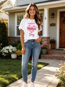 Camiseta de manga corta con corazón de rosa rosa para el Día de la Madre, estilo casual, perfecta como regalo para el Día de la Madre.Conjuntos de Verano para Mujer, Ropa de Vacaciones para Mujer, Camisetas Elegantes para el Verano - Blanco - Ver 4