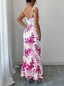 Nuevo vestido de mujer con tirantes de espagueti, lazo en la cintura, diseño de dobladillo fruncido y abertura, versátil para citas, fiestas y uso diario, favorecedora y elegante - Rosa Fucsia - Ver 2
