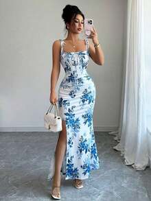 Nuevo vestido de mujer con tirantes de espagueti, lazo en la cintura, diseño de dobladillo fruncido y abertura, versátil para citas, fiestas y uso diario, favorecedora y elegante - Azul y blanco - Ver 8