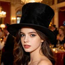 Velvet Vintage Dramatic All Seasons Top Hat, Distressed Texture, Relaxed Fit, Perfect For Themed Party, Halloween Cosplay, Stage Performance - Black 2 - View 1