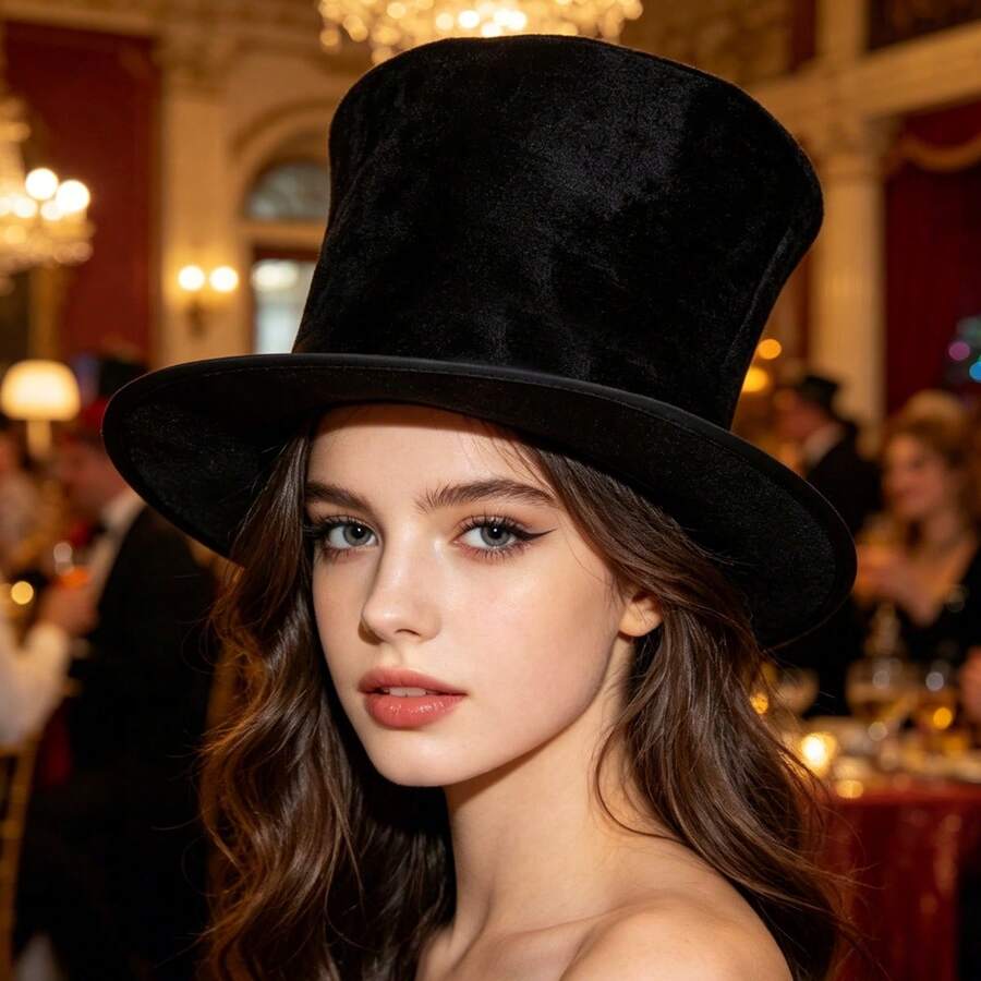 Velvet Vintage Dramatic All Seasons Top Hat, Distressed Texture, Relaxed Fit, Perfect For Themed Party, Halloween Cosplay, Stage Performance - Black 2 - View 1