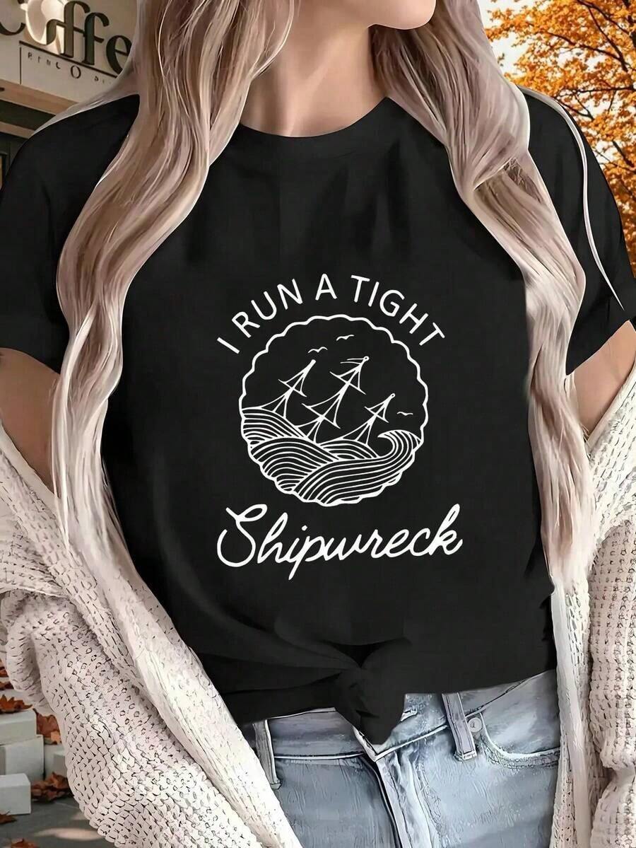 Women's Custom Printed T-Shirt With A Nautical Theme, Short Sleeves, Suitable For All Seasons, Ideal For Outdoor Activities, Lounging At Home, And Sports. A Perfect Gift. Beautiful Blouse, 100% Cotton. - 黑色 - 查看 1
