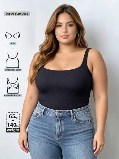 Sutiã Canelado Preto Feminino com Camiseta, Colete Plus Size, Regata com Sutiã Elegante, Simples e Única, Top Plus Size, Regata, Uso Diário Feminino Plus Size, Esporte, Colete Casual, Top