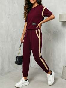 Women's New Contrast Stripe Tee And Elastic Waist Straight Leg Pants 2 Pieces Set, Suitable For Spring, Summer And Autumn - Burgundy 29 + Apricot 13 - View 1