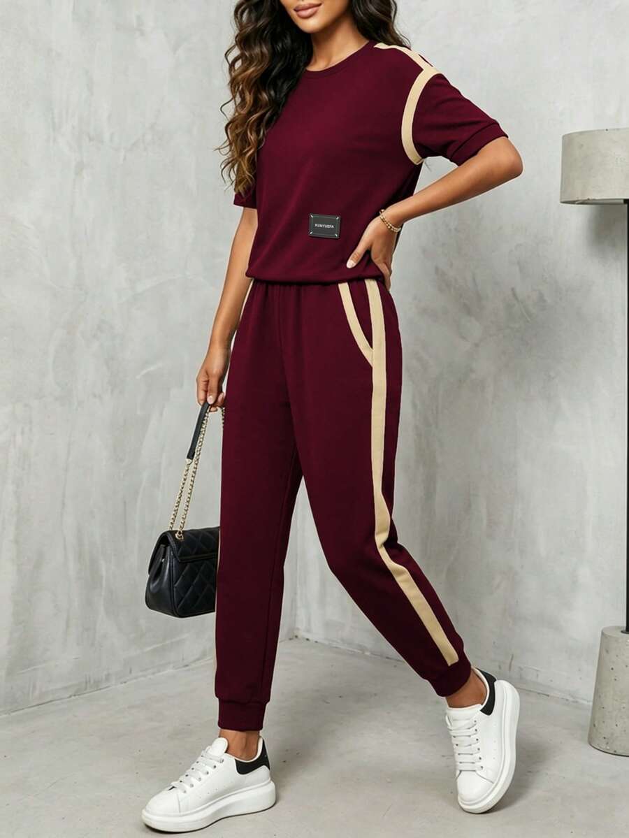 Women's New Contrast Stripe Tee And Elastic Waist Straight Leg Pants 2 Pieces Set, Suitable For Spring, Summer And Autumn - Burgundy 29 + Apricot 13 - View 1