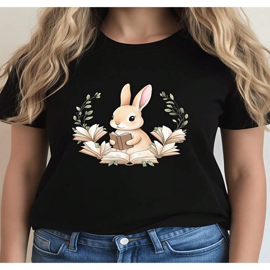 Women's Casual Cotton Tee with Reading Bunny Print Short Sleeve Round Neck Regular Fit T-Shirt, Black - Negro - Ver 1
