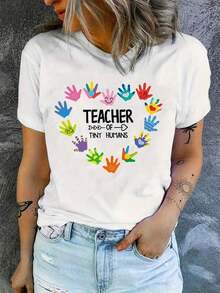 1 Piece Fashionable Casual T-Shirt For Men And Women With Palm And Heart Print, Fashionable Casual T-Shirt, Casual Everyday Top, Versatile Women's Clothing, Easy To Match, For Daily Wear, Urban Style, Holiday Clothing, Weekend Clothing. - 彩色 - 查看 7