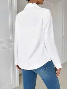 Blusa blanca casual con cuello y bolsillo, de manga larga ajustada para mujeres - Blanco 3 - Ver 2
