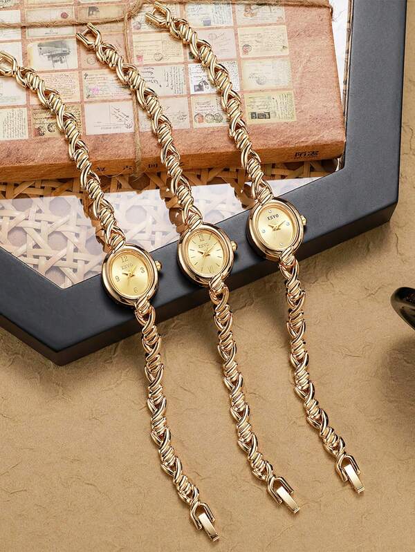 1pc/Set Twist Chain Gold Watch, Round Dial Women's Quartz Bracelet Wristwatch