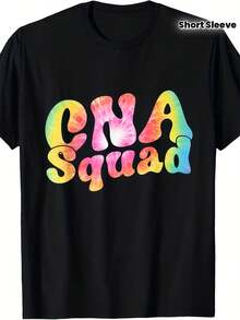 Camiseta Gráfica de Asistente de Enfermería CNA - Estampado Tie-Dye con Letras de Arcoíris y Símbolos Médicos, Camiseta Casual de Manga Corta Unisex para Hombres y Mujeres, Ropa Casual Cómoda, Regalo de Ropa de Enfermería para CNA, Trabajadores de la Salud - Negro - Ver 2