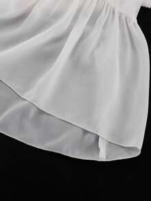 Vestido blanco gasa 2026, cuello V con cordón, manga acampanada, diseño asimétrico corte A largo casual - Blanco - Ver 7
