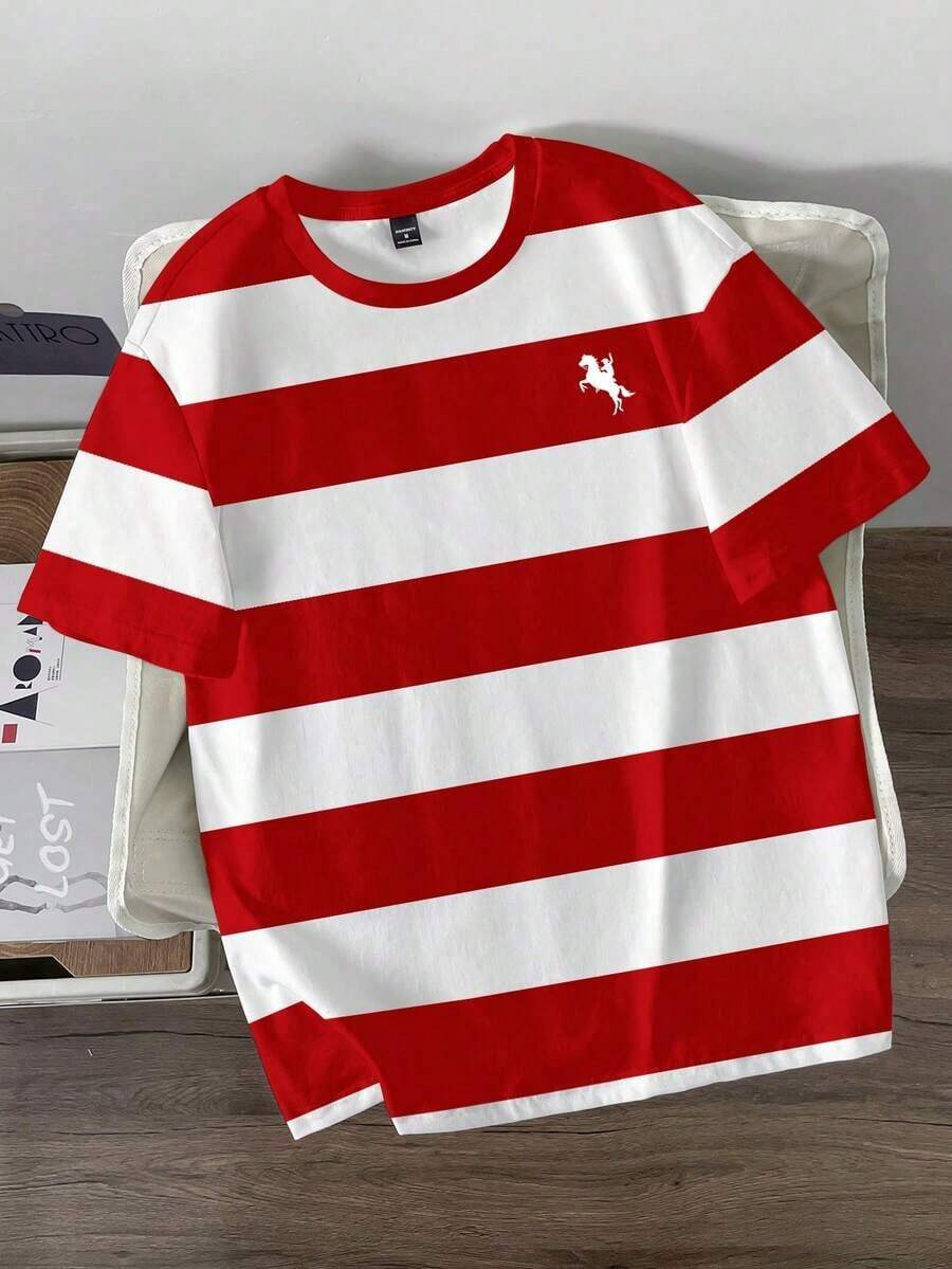 Minimalist Blue Striped Casual T-Shirt, Suitable For School, Going Out, Simple And Versatile, Summer Style - 彩色 - 查看 1