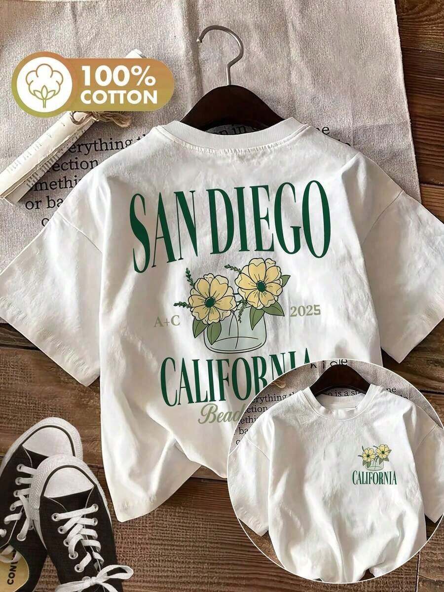 Summer Tops: Women's Reversible Floral Print Top, Perfect For Spring And Summer. It Features A Fresh Design With Flowers And Vases. Short-Sleeved, Crew-Neck T-Shirt, Made Of Pure Cotton From San Diego, California, Y2K Style. - White - View 1