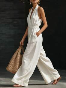 Mono nuevo de verano para mujer, de diseño, elegante, estilo francés, top halter de cuello V, perfecto para oficina, looks de día y ocasiones informales, favorecedor - Blanco - Ver 4