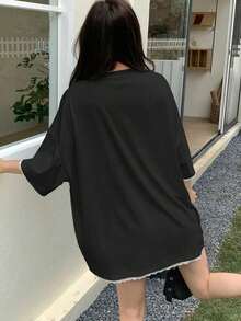 Camiseta de manga corta , holgada, con cuello redondo, estampada, de gran tamaño, 100% algodón. - Negro - Ver 5