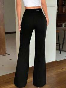 Pantalones negros acampanados casuales de ajuste ceñido con botones delanteros de unicolor para mujer - Negro 3 - Ver 2