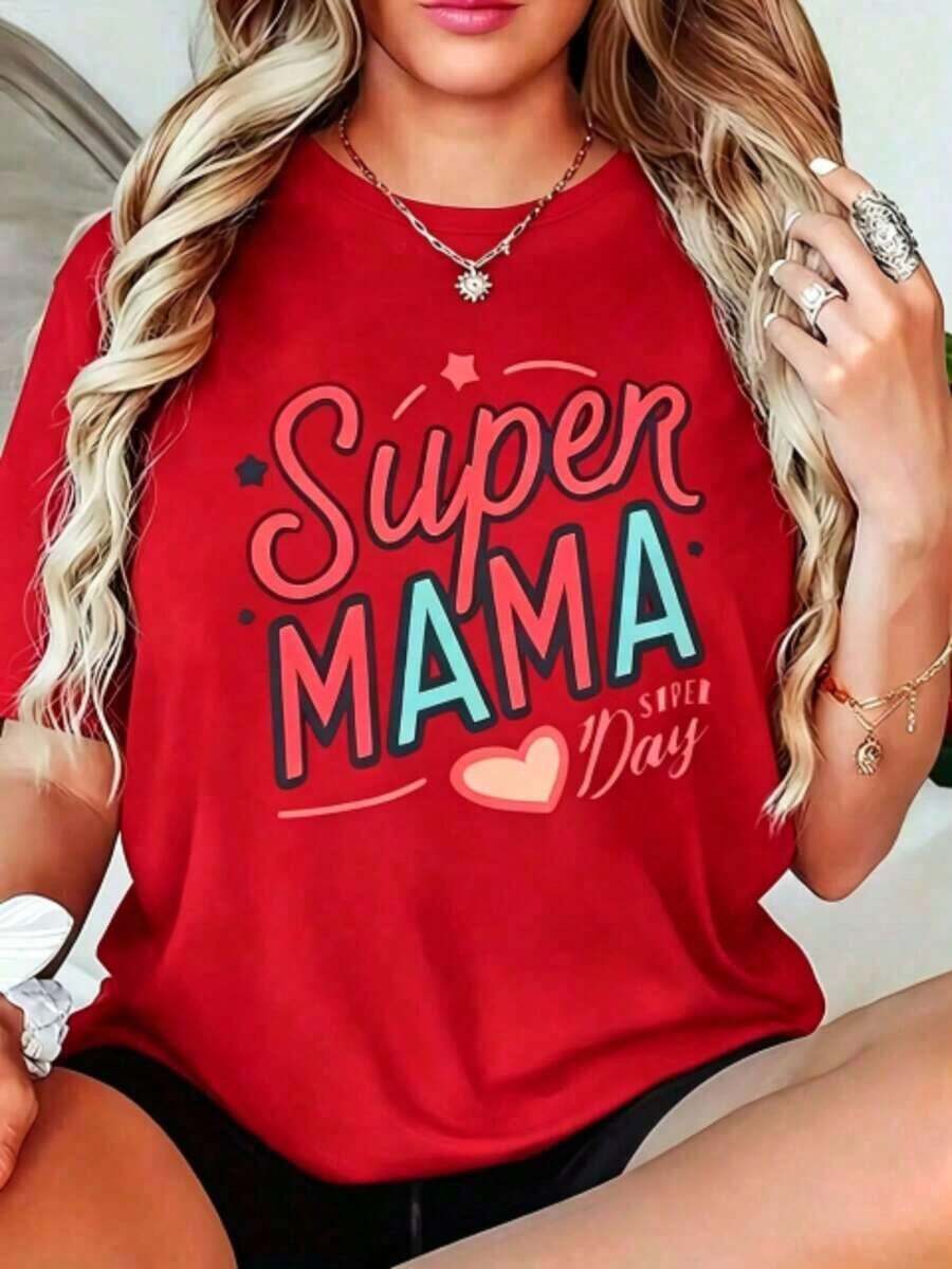 1pscNueva camiseta de algodónCamiseta de Mujer Super Mama - Talla Grande Negra Manga Corta Cuello Redondo con Letras Super Mom & Huella, Diseño Corazón Rosa Rojo - Regalo para el Día de la Madre, Corte Casual, Uso Durante Todo el Año para Super Mamás &Women's short-sleeved printed T-shirtEl mejor regalo para mamá en el Día de la Madre. Adecuado como regalo. playera de mujer. blusas>elegantes 100% Algodón - Rojo - Ver 1