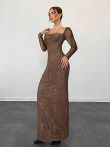 Vestido negro ajustado hasta el suelo con cuello corsé ahuecado y mangas largas con encaje en forma de S sexy para mujer para fiestas, citas y banquetes de otoño/invierno nuevo - Marrón 2 - Ver 3