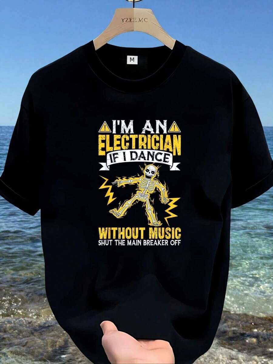 Camiseta Casual de Manga Corta para Hombre - Camiseta de Verano Transpirable con Cuello Redondo, con un Estampado Gráfico Moderno de 'Electricista', Lavable a Máquina, Corte Regular Adecuado para Uso Casual, Perfecta para Salidas de Verano. Una camiseta de manga corta adecuada para el hogar, uso diario, fiestas y viajes-ideal como regalo para amigos o familiares. - Negro - Ver 1