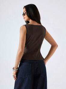Camiseta de mujer de unicolor con dobladillo asimétrico, cintura con lazo y cuello redondo - Marrón - Ver 2