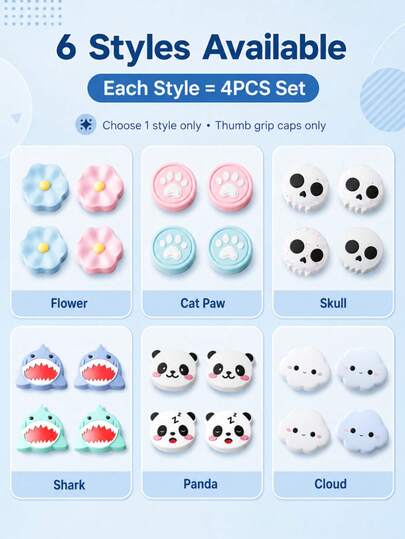 4pcs Cute Themed Silicone Joystick Caps For Nintendo Switch NS2, Anti-Slip Soft Thumb Stick Covers, Floral, Cat Paw, Skull, Shark, Panda, Cloud Designs, Game Controller Joystick Button Accessories