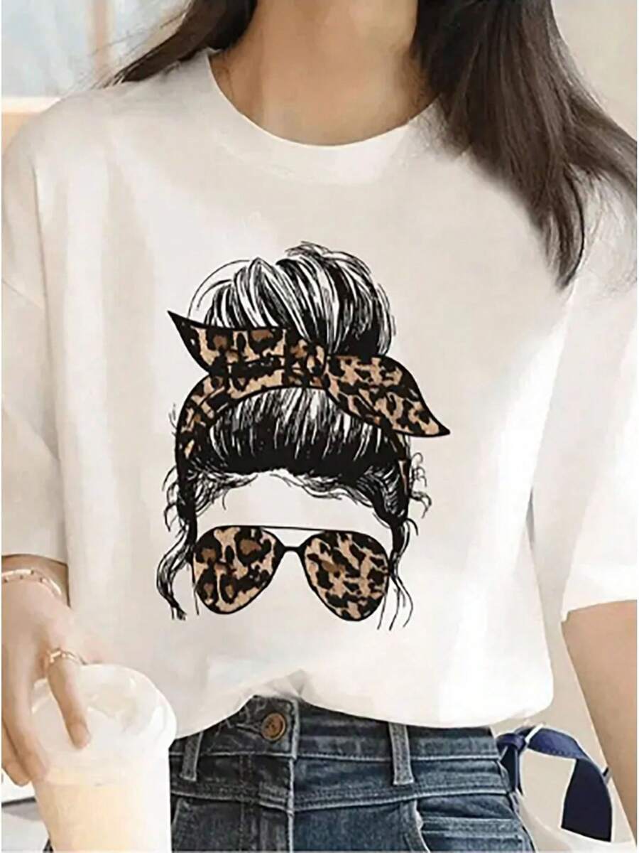 Camiseta De Leopard Eyewear Fashion Printed Para Mujer, Camiseta Casual Manga Corta Suelta - Blanco - Ver 1
