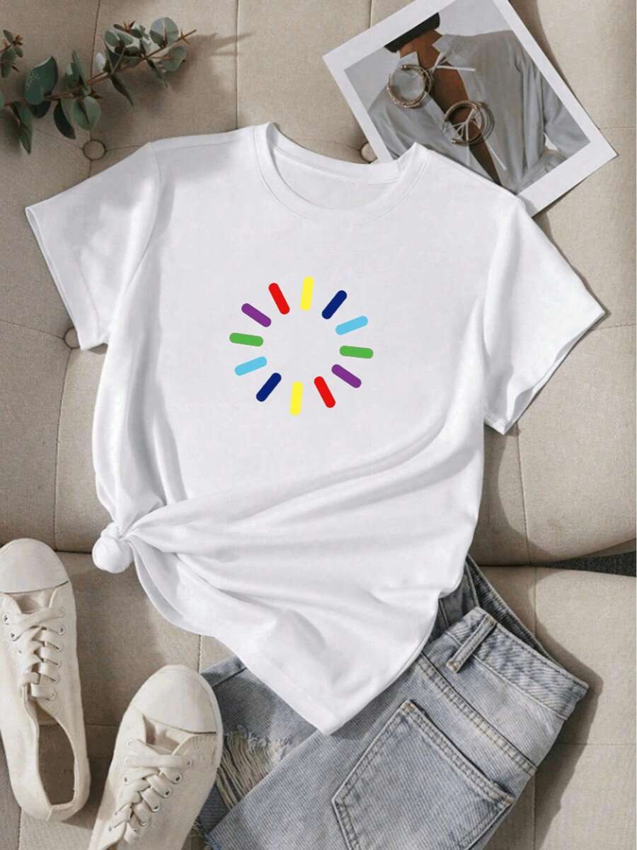 Camiseta Mujer Lunares Arco Iris Primavera Verano Casual Suelta Cuello Redondo Manga Corta - Blanco - Ver 1